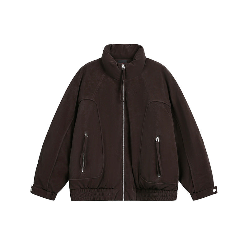 Men's Oversized Padded Bomber Jacket with Stand-Up Collar, Zipper Pockets, and Elastic Hem EVA-US