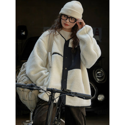 Women's Padded Teddy Fleece Jacket with Contrasting Front Panel and Patch Pockets EVA-US