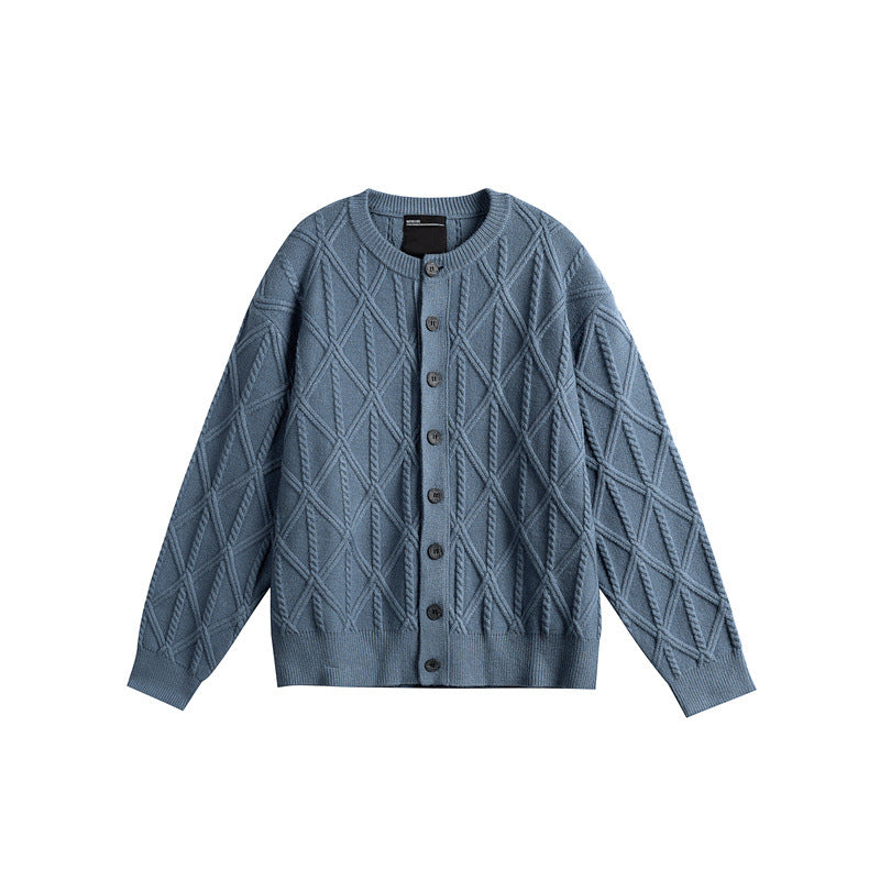 Ladies' knitted cardigan in boxy cut with textured diamond pattern, round neck and continuous button placket EVA-US