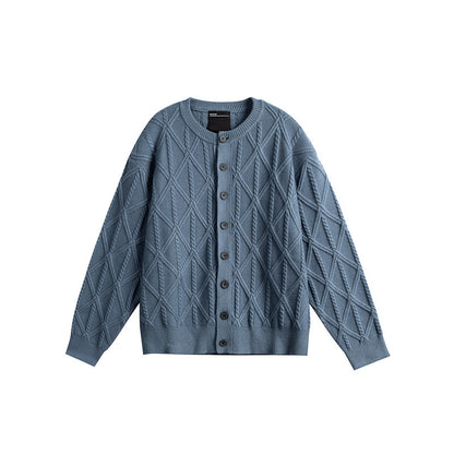 Ladies' knitted cardigan in boxy cut with textured diamond pattern, round neck and continuous button placket EVA-US
