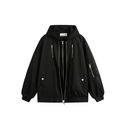 Unisex Boxy Bomber Jacket with integrated hood layer and multifunctional pockets EVA-US
