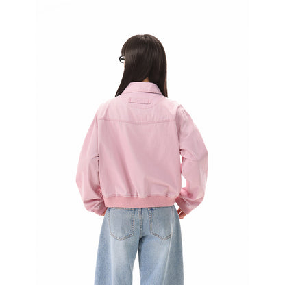 Women's cropped boxy bomber jacket made of cotton blend with flap pockets and full-length zipper EVA-US