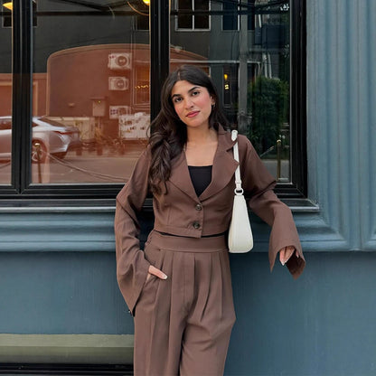 Ladies Two-Piece Tailoring Set Short Blazer with Bell Sleeves and High-Waist Palazzo Pants EVA-US