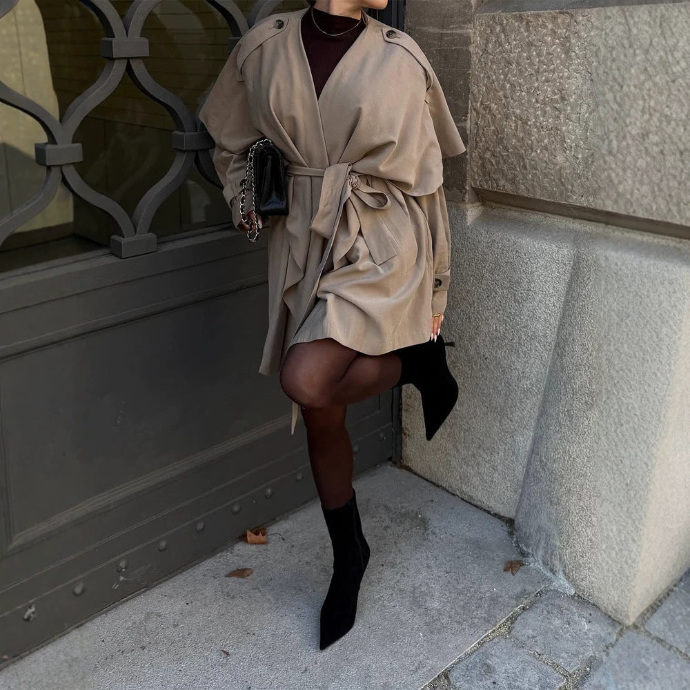 Women's Short Asymmetrical Wrap Coat with Ruffle Overlay and Tie Belt EVA-US