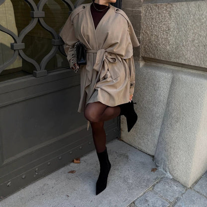 Women's Short Asymmetrical Wrap Coat with Ruffle Overlay and Tie Belt EVA-US
