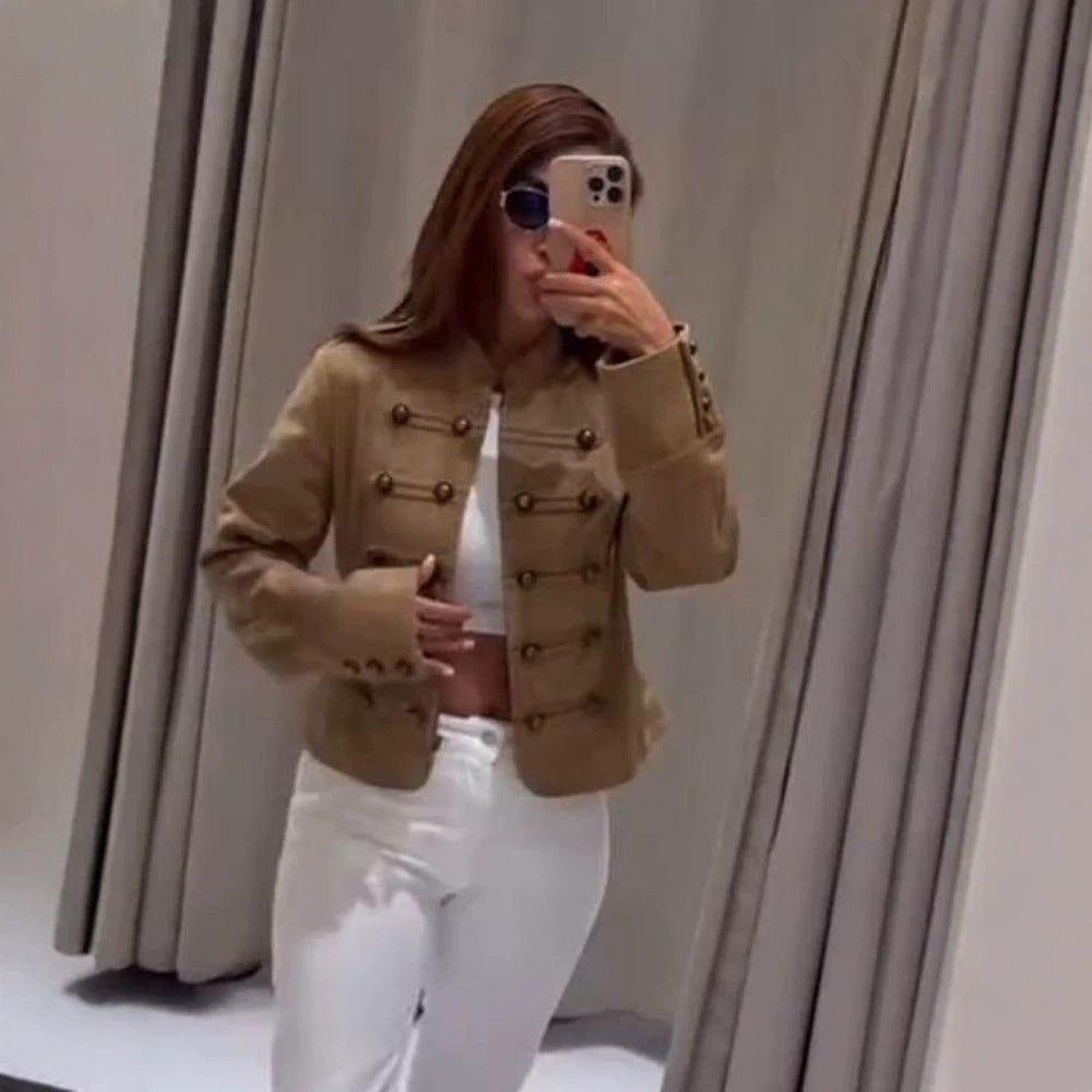 Women's tailored military jacket made of wool blend with stand-up collar and double button placket EVA-US