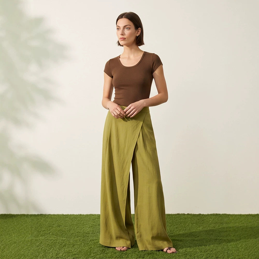 Women High-Waist Wrap Palazzo Pants with Wide Leg and Flowing Linen Look EVA-US