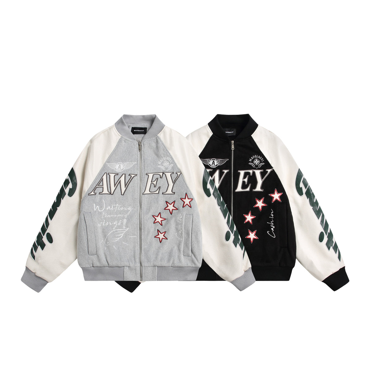 Unisex varsity bomber jacket in material mix with embroidery and application details EVA-US