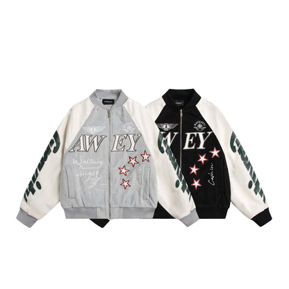 Unisex varsity bomber jacket in material mix with embroidery and application details EVA-US