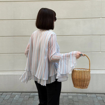 Women's Striped Chiffon Blouse with Tie Bow, Ruffle Hem & Bell Sleeves EVA-US