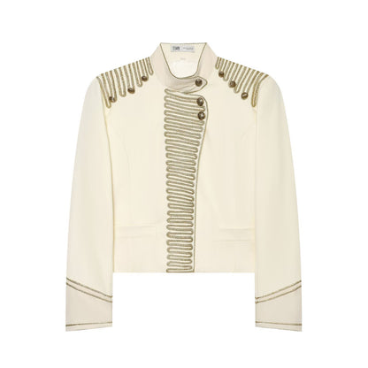 Women's Military Style Short Blazer with Decorative Trim and Stand-Up Collar EVA-US