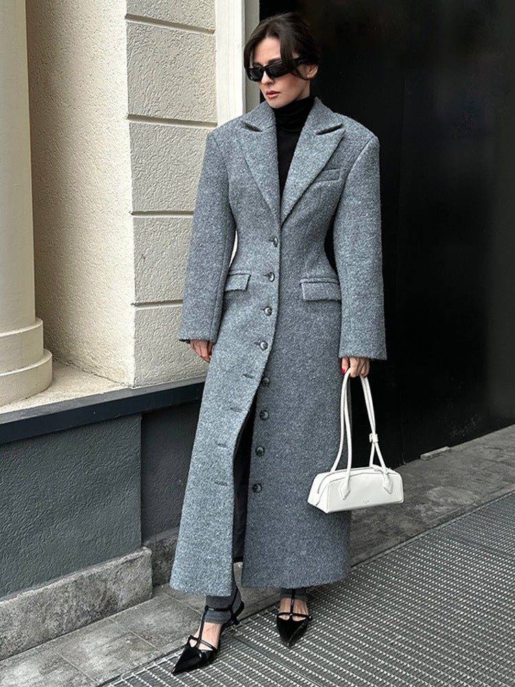 Women's Maxi Length Wool Blend Coat in Tailored Cut with Continuous Button Placket EVA-US