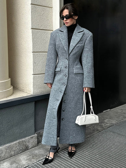 Women's Maxi Length Wool Blend Coat in Tailored Cut with Continuous Button Placket EVA-US