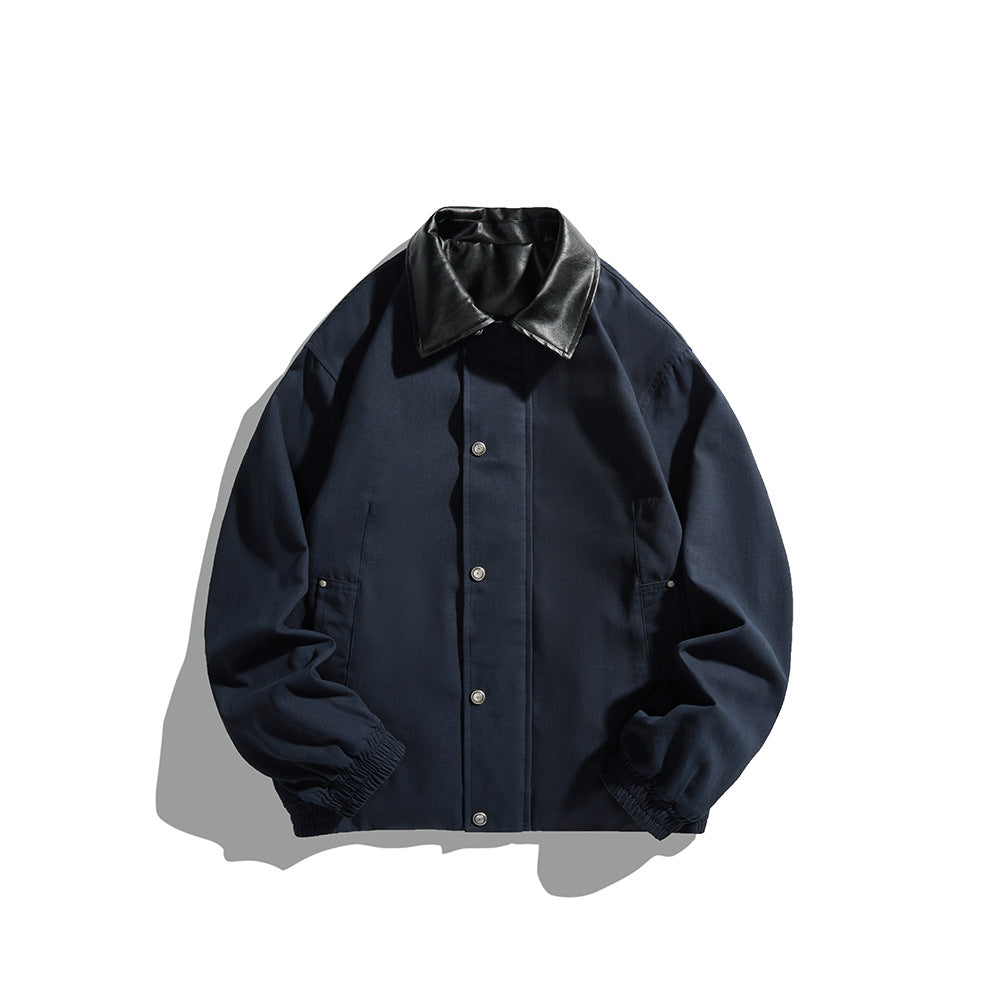Men's Masculine Boxy Field Blouson with contrasting faux leather collar and concealed snap button placket EVA-US