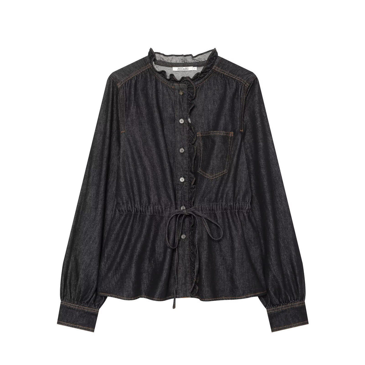 Women's jeans blouse with ruffle trim, drawstring waist and cuffed sleeves EVA-US
