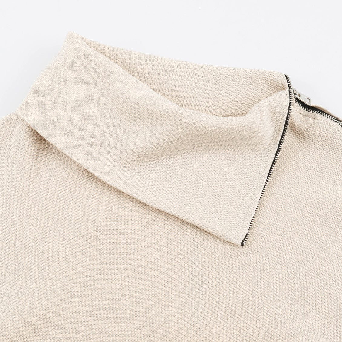 Women's Asymmetrical Fine Knit Sweater with Shawl Collar, Shoulder Zipper and Zipper Sleeves EVA-US