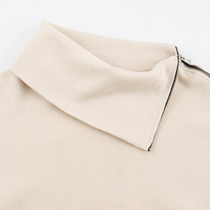 Women's Asymmetrical Fine Knit Sweater with Shawl Collar, Shoulder Zipper and Zipper Sleeves EVA-US