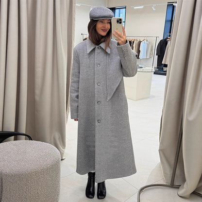 Women Mid-length Wool Blend Coat with Integrated Loop Scarf EVA-US