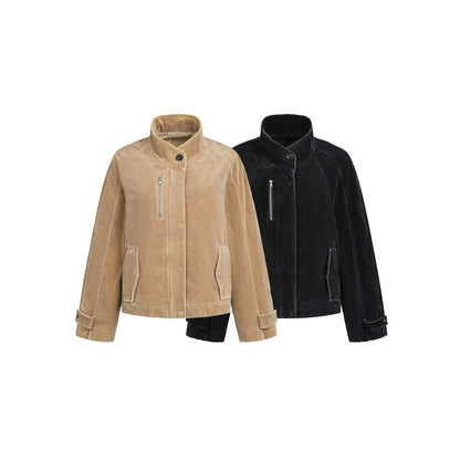 Women's short cord jacket in boxy cut with stand-up collar, zip chest pocket and adjustable cuffs EVA-US