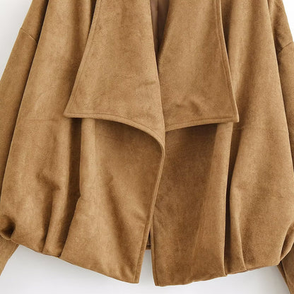 Women's short jacket in suede look with waterfall collar and ballooned hem EVA-US
