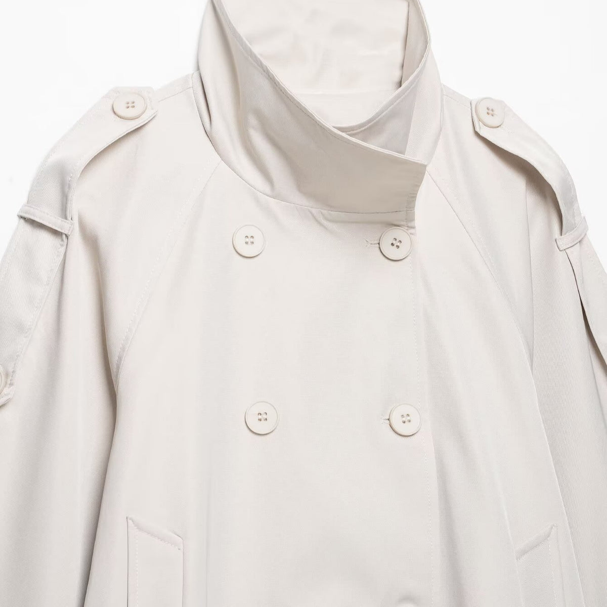 Women Short Cut Cape Trench with High Funnel Collar and Double-Breasted Button Placket EVA-US
