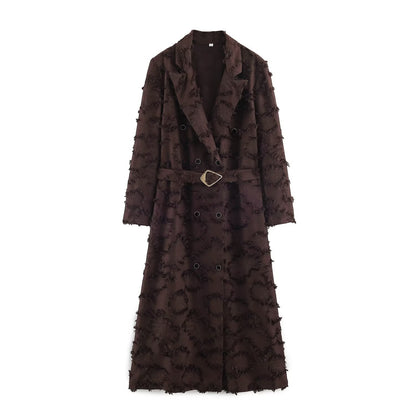 Ladies double-breasted mid-length coat with fringe texture and waist belt EVA-US