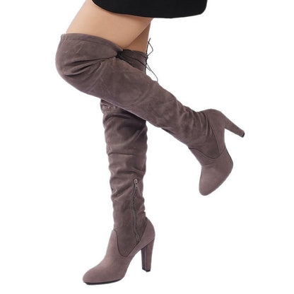 Women's Over-the-Knee Boots made of Suede with High Block Heel and Side Zipper EVA-US