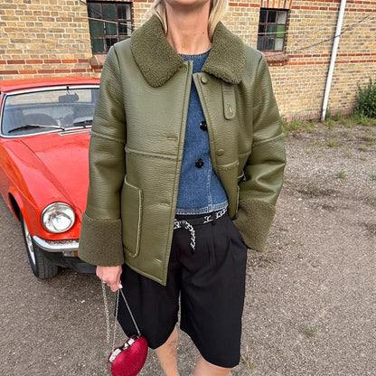 Ladies Short Aviator-Style Bomber Jacket with Teddy Lining and Boxy Silhouette EVA-US