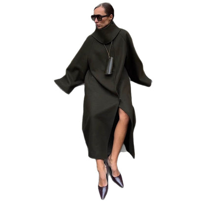 Women Maxilength Oversize Wool Blend Coat with Oversized Stand Collar and Balloon-like Sleeves EVA-US