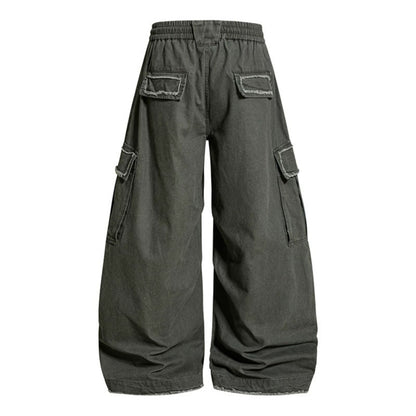 Women's Wide Cargo Pants with Elastic Waistband, Cargo Pockets, and Adjustable Hem EVA-US