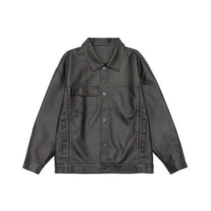 Men's loosely cut overshirt in vintage leather look with snap button front and breast flap EVA-US