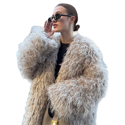 Women Oversize Curly Faux Fur Coat in Shaggy Look EVA-US