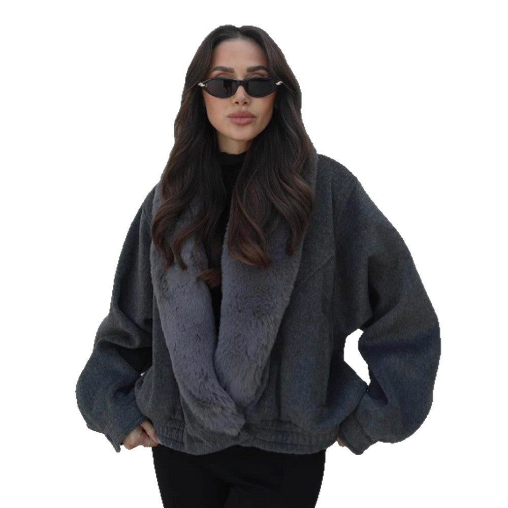 Women’s short jacket with voluminous faux fur shawl collar and elastic hem EVA-US