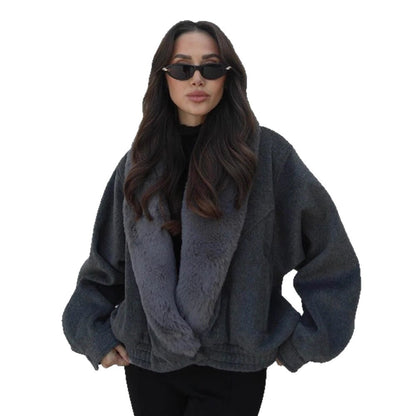Women’s short jacket with voluminous faux fur shawl collar and elastic hem EVA-US