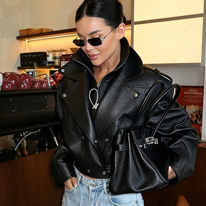 Women's Short-Cut Structured Biker Jacket Made of Faux Leather EVA-US