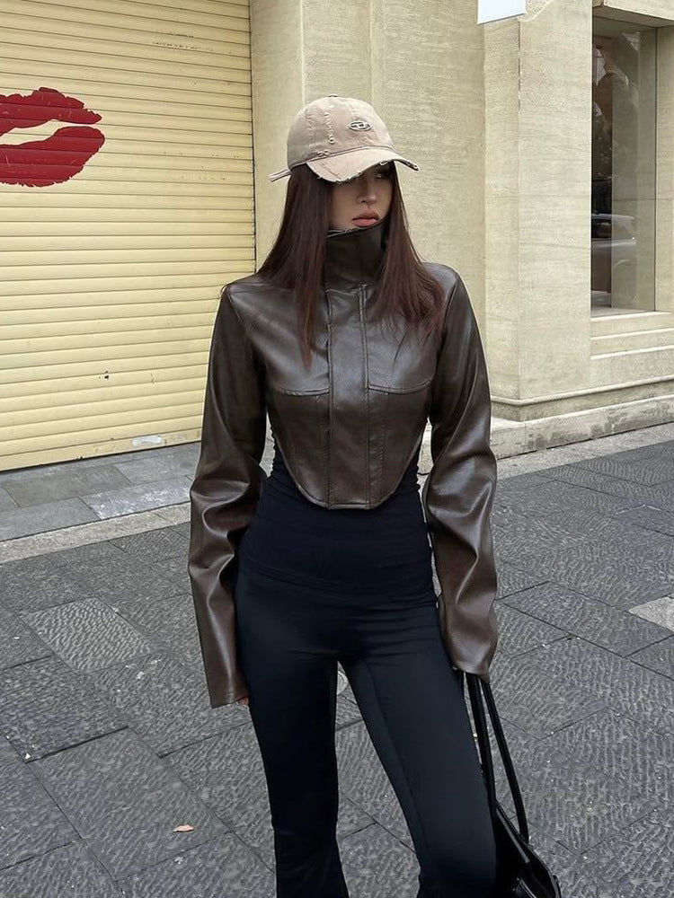 Women Cropped Faux Leather Corset Jacket with High Standing Collar and Extended Sleeves EVA-US