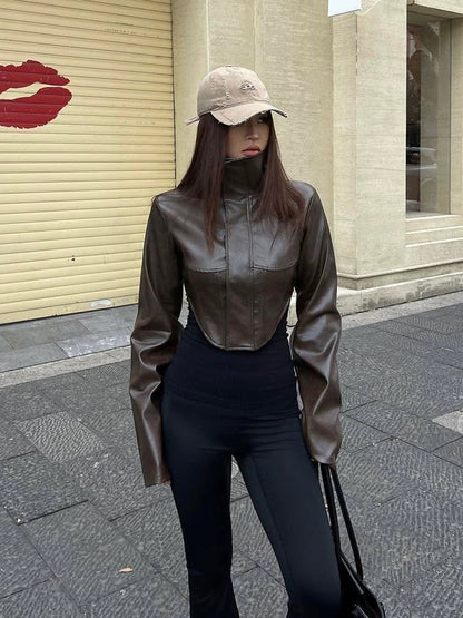Women Cropped Faux Leather Corset Jacket with High Standing Collar and Extended Sleeves EVA-US