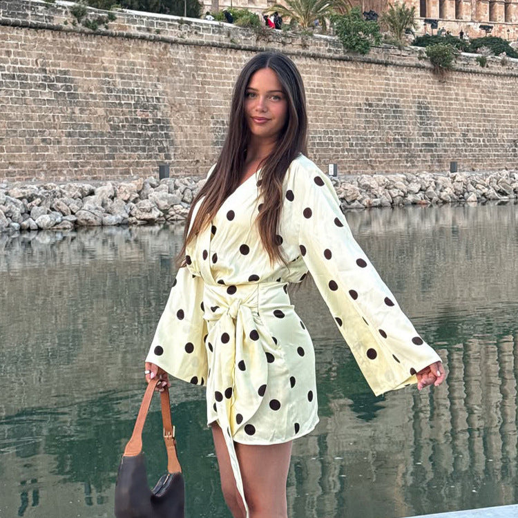Ladies wrap mini dress with V-neck, bell sleeves and polka dot print EVA-US