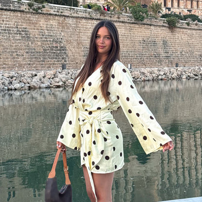 Ladies wrap mini dress with V-neck, bell sleeves and polka dot print EVA-US