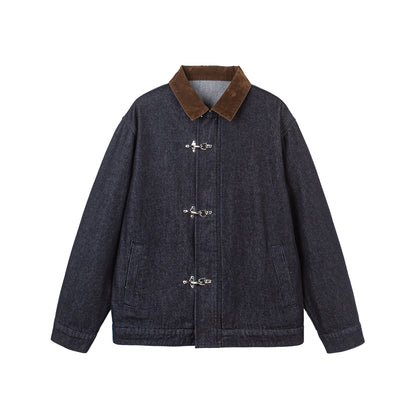 Unisex Boxy Denim Jacket with Velour Collar and Distinctive Carabiner Closures EVA-US