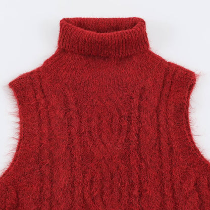 Women's Sleeveless Cable Knit Vest with Roll Neck and Ties EVA-US
