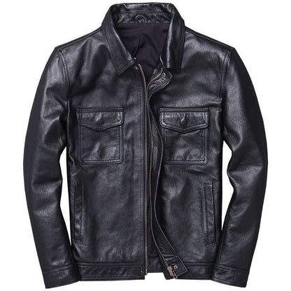 Men's Vintage Biker Leather Jacket with Stand Collar and Padded Shoulder EVA-US