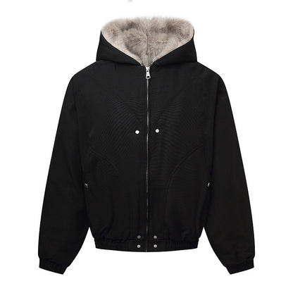 Unisex hooded jacket with warming teddy lining, elastic hem and concealed button placket EVA-US