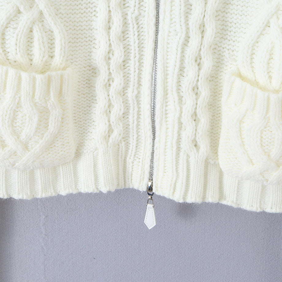 Ladies short knitted cardigan with stand-up collar, cable pattern, wooden button toggles and pockets EVA-US