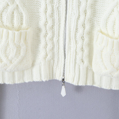 Ladies short knitted cardigan with stand-up collar, cable pattern, wooden button toggles and pockets EVA-US