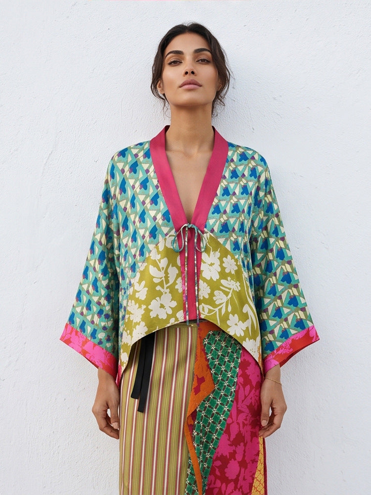 Women's Patchwork Kimono Top made of silk blend with deep V-neck and tie belt EVA-US