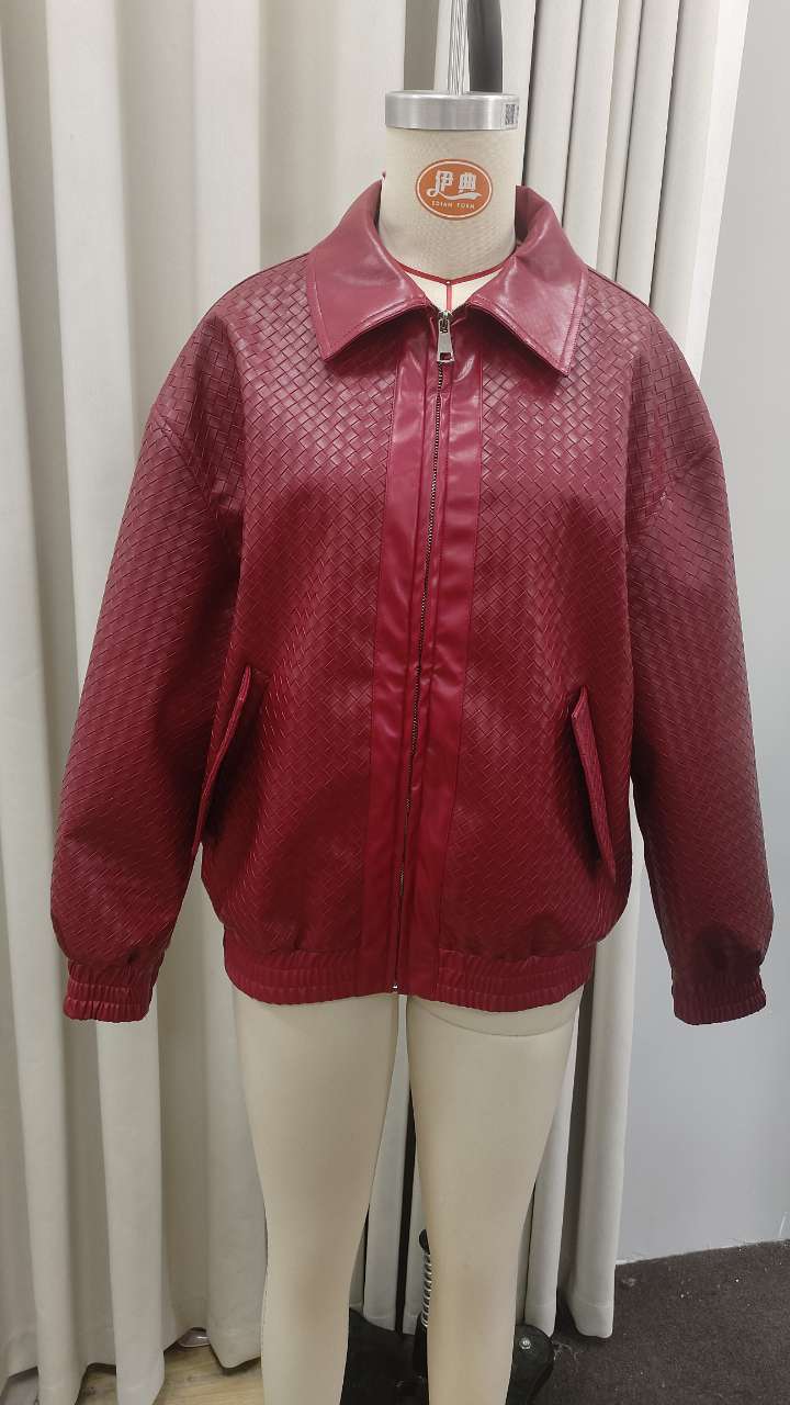 Women's Braided Faux Leather Bomber Jacket in Boxy Cut with Zipper EVA-US