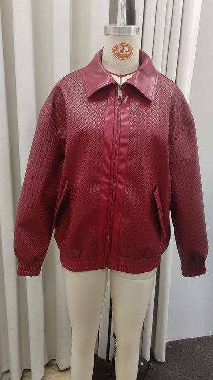 Women's Braided Faux Leather Bomber Jacket in Boxy Cut with Zipper EVA-US