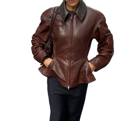 Women’s leather jacket with tailored peplum, zipper & large shirt collar EVA-US