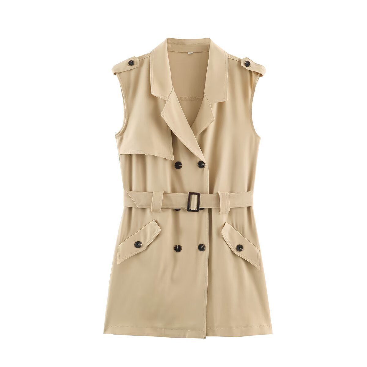 Women's Sleeveless Tailored Trench Dress with Tie Belt and Flap Pockets EVA-US
